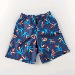 Lands End Mens Swim Trunks S Blue Tropical Floral Lined Elastic Drawstring